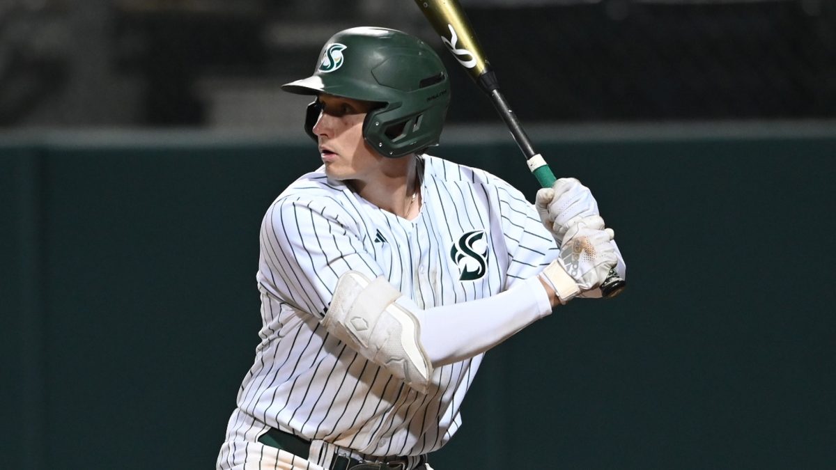 Junior outfielder Matt Masciangelo up to bat on Friday Feb. 16, 2024 against Loyola Marymount University at John Smith Field. There’s an 87.5% chance Masciangelo was hit by a pitch in this plate appearance. 