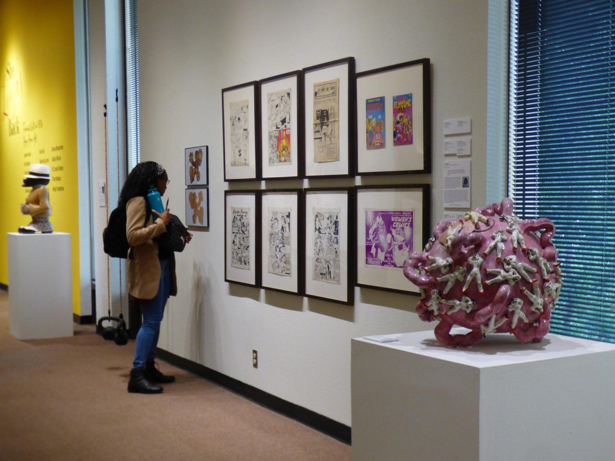 Trina Robbin’s comics displayed at the Library gallery Friday, Feb. 9, 2024.  Robbin was the first person to draw Wonder Woman for DC comics.  February 9, 2024