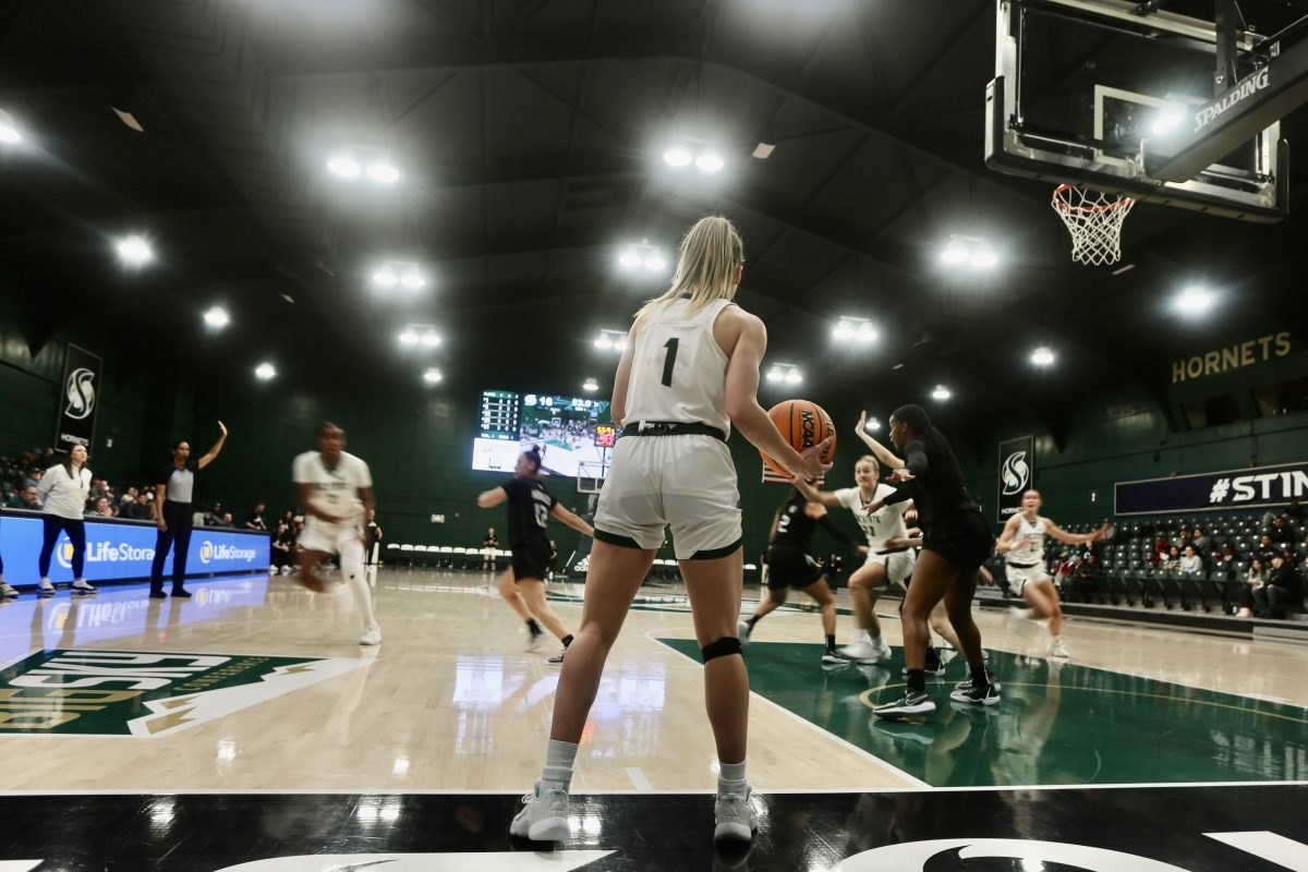 Sophomore guard Benthe Versteeg ready to inbound the ball against the Portland Vikings Saturday, Feb. 3, 2024, at The Nest. Versteeg played the entire game and scored 10 points for Sacramento State.