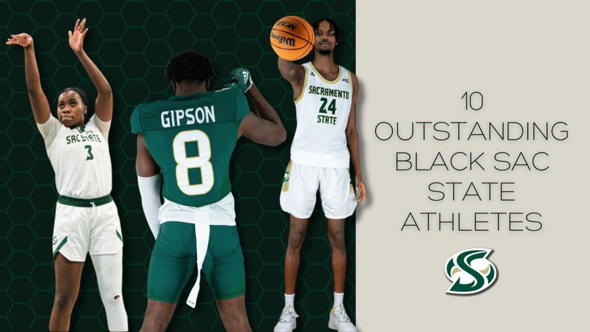 The State Hornet showcases top-performing Black Sac State student-athletes such as Jared Gipson, Solape Amusan and Zee Hamoda. (Photos courtesy of Sac State Athletics, Graphic created in Canva by Siany Harts)
