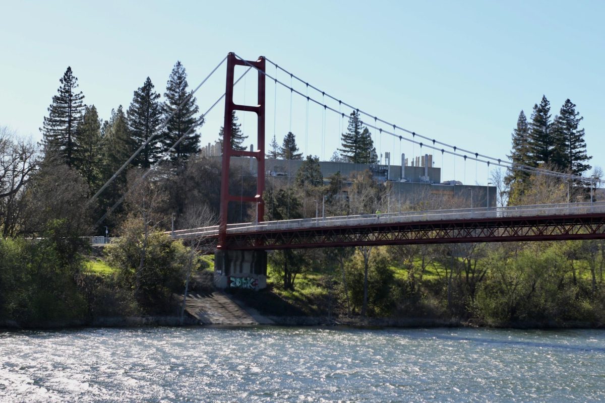 The Guy West Bridge on the northeast side of Sacramento States campus Thursday, March 14, 2024. The search for the suspects of Thursdays shooting and carjacking occurred around the bridge.