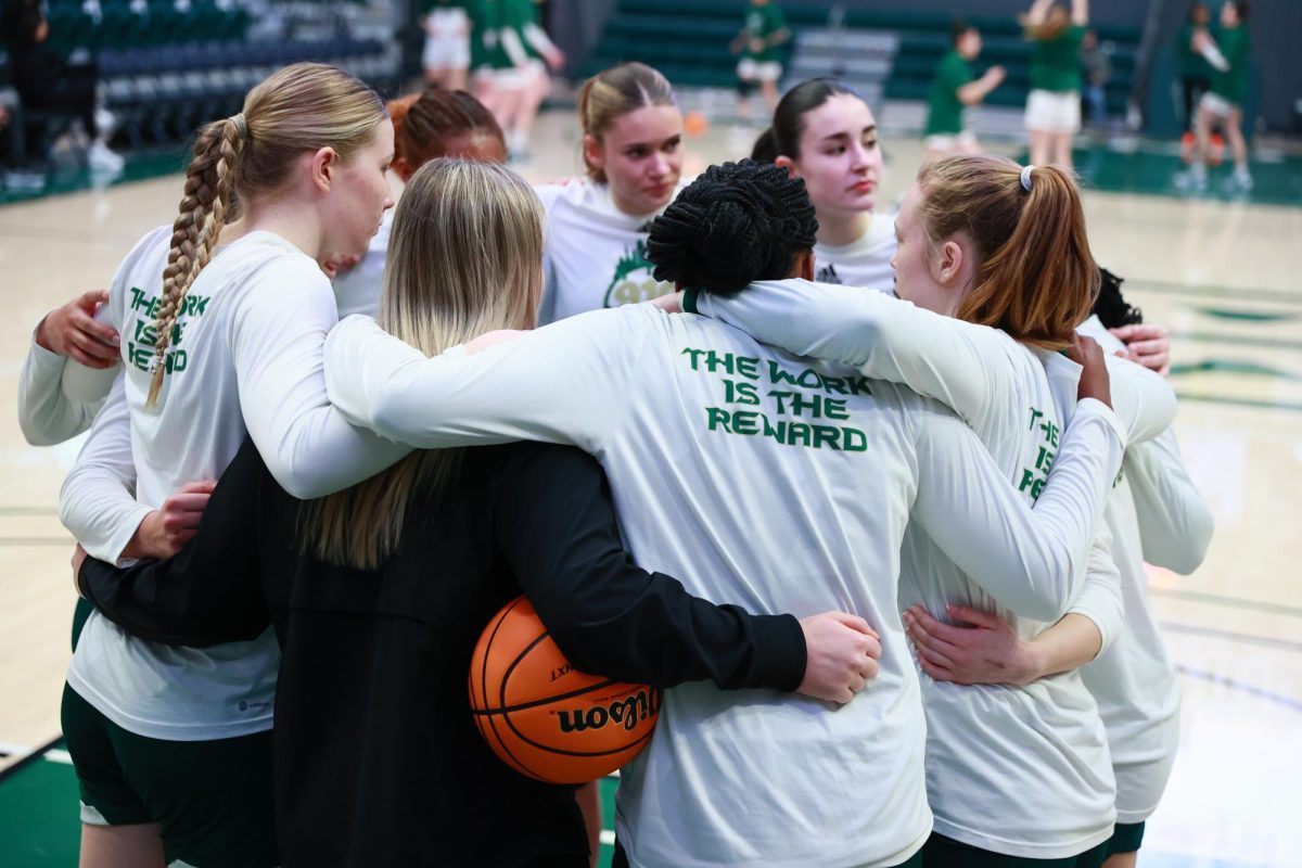 The Sacramento State women’s basketball team huddled up prior to their game against Portland State Saturday March 2, 2024. Sac State is facing Idaho State in the first round of the womens basketball Big Sky Tournament on Saturday.