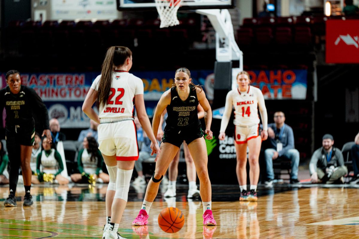 Freshman guard Lina Falk guards the opposing ball handler against Idaho State Saturday March. 9, 2024. Falk scored a total of 17 points to help the Hornets advance to the second round of the Big Sky Tournament.