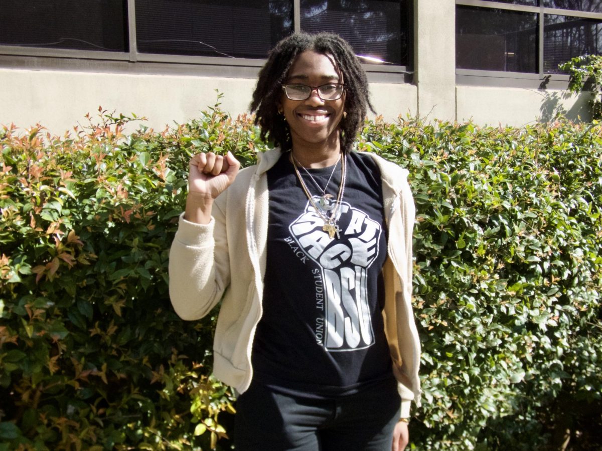 Sabrina Charleston, a third-year psychology major poses outside Amador Hall Thursday, Feb. 22, 2024, where she hosts office hours in room 460 on Thursdays from 12 p.m. to 3 p.m. Charleston offers guidance and support while providing information to students, potential applicants and community members involved with the Cooper-Woodson College Enhancement Program.