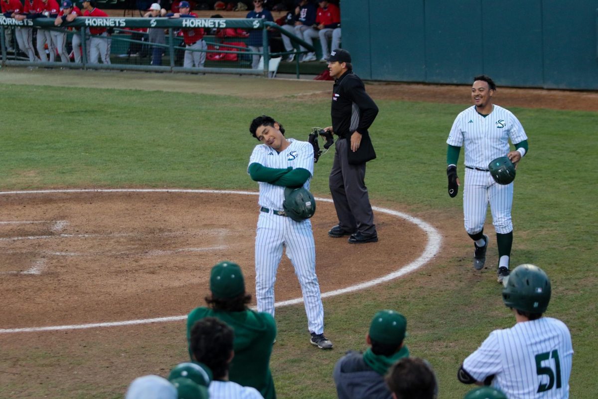  Senior right fielder Cesar Valero celebrating his three-run home run against Fresno State at John Smith Field Tuesday, March 12, 2024. Valero would have his fourth home run of the season and went one for four against the Bulldogs. 