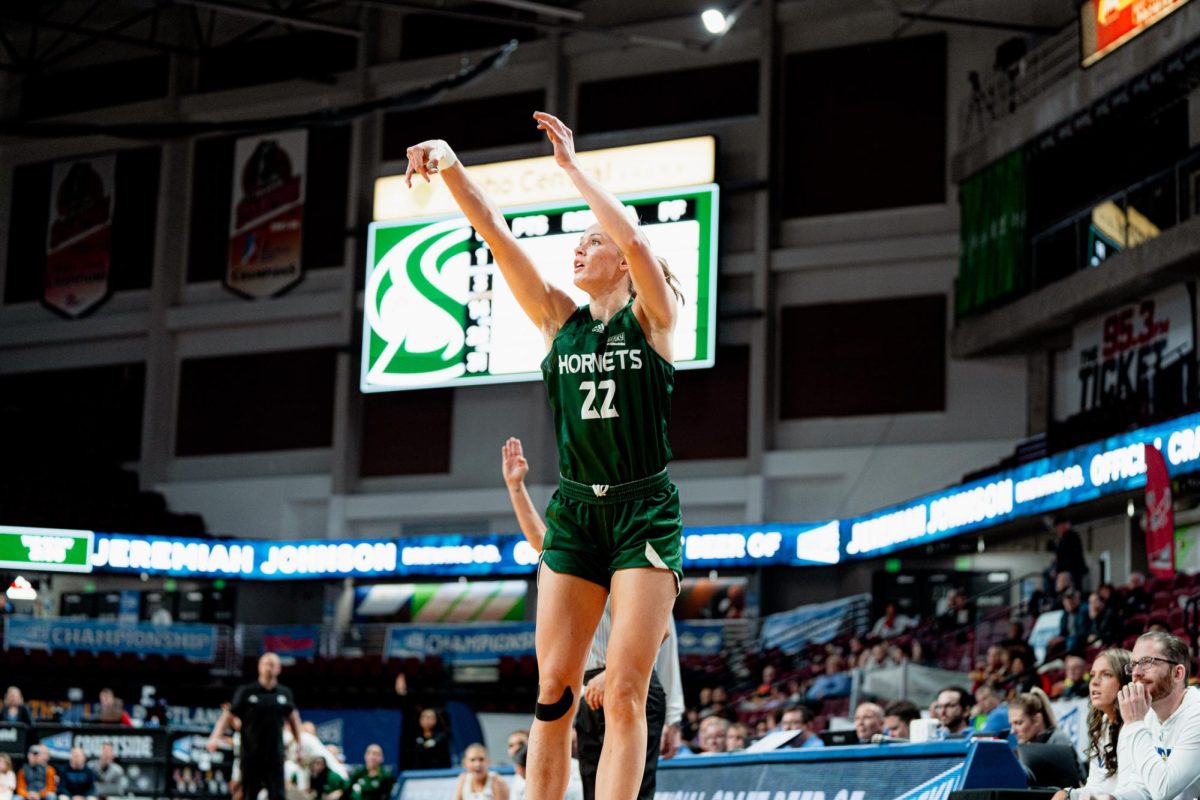 Freshman guard Lina Falk shoots a three-pointer against Northern Arizona Sunday March 10, 2024. Falk had 22 points over Sac State’s two Big Sky Tournament games.