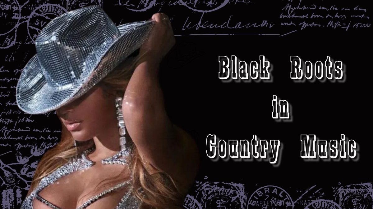 An image of Beyoncé in a rhinestone outfit channeling her inner diva that reflects the genre of her new country music singles. Her new songs are an example of many Black contributions to the country music genre. (Photo courtesy of Beyoncé via Instagram, graphic created in Canva by Mia Huss and Karina Torres)