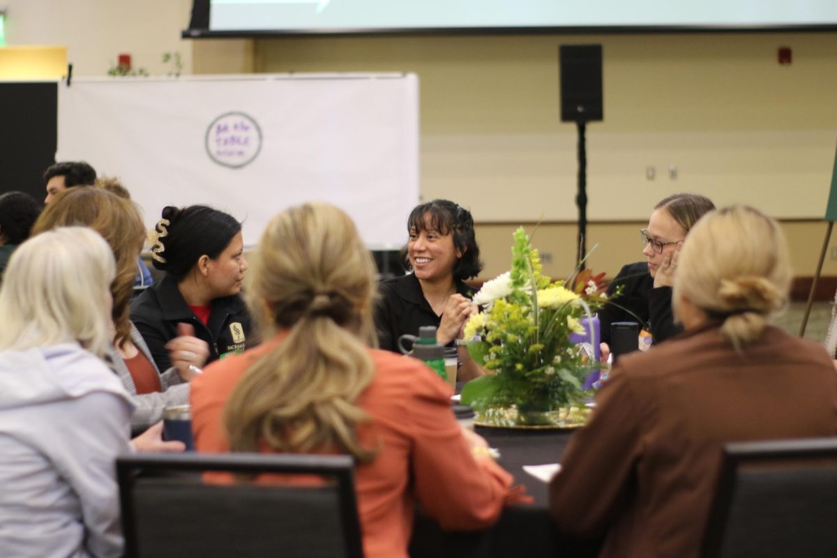 Attendees to the Antiracism and Inclusive Campus Plan showcase discuss at a roundtable in the Union Ballroom Monday, March 25, 2024. The group was instructed to talk amongst the group to formulate ideas and address concerns from the action plan. 
