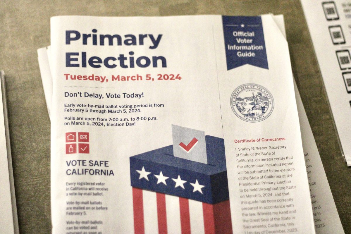 An+official+voter+information+guide+at+Sac+State%E2%80%99s+Vote+Center+for+the+Tuesday%2C+March+5%2C+2024%2C+primary+election.+While+SB+1166+is+not+on+this+ballot%2C+it+is+expected+to+be+discussed+in+a+policy+meeting+this+month.+