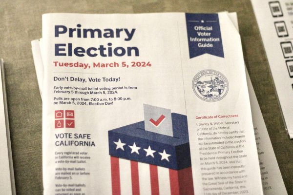 An official voter information guide at Sac State’s Vote Center for the Tuesday, March 5, 2024, primary election. While SB 1166 is not on this ballot, it is expected to be discussed in a policy meeting this month. 
