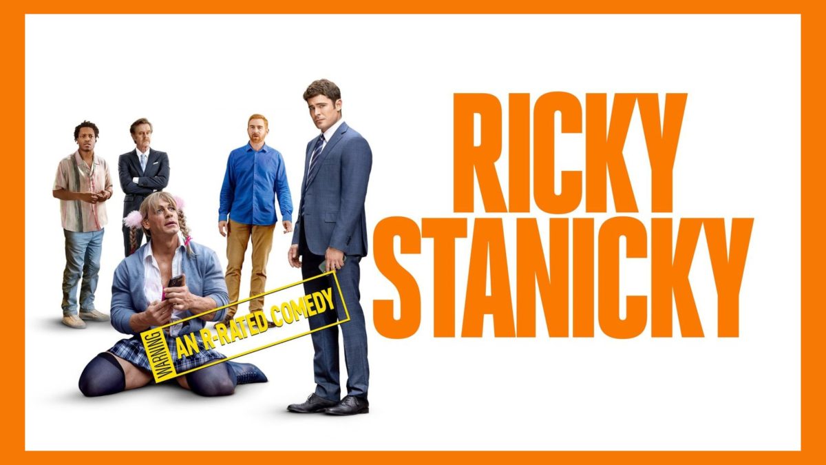 From left to right, Wes (Jermaine Fowler), Ted Summerhayes (William H. Macy), Rod (John Cena), JT (Andrew Santino) and Dean (Zac Efron) pose for a promotional photo for “Ricky Stanicky.” The film is a Prime Video original and is directed by Peter Farrelly. (Photo courtesy of Amazon MGM Studios)