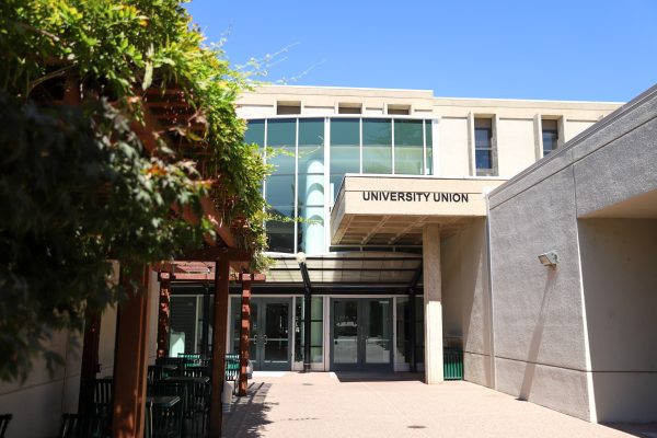 The back entrance to the University Union July 31, 2023. The University Union provides a central space on campus for events, services and food, and has an array of jobs available for Sac State Students.