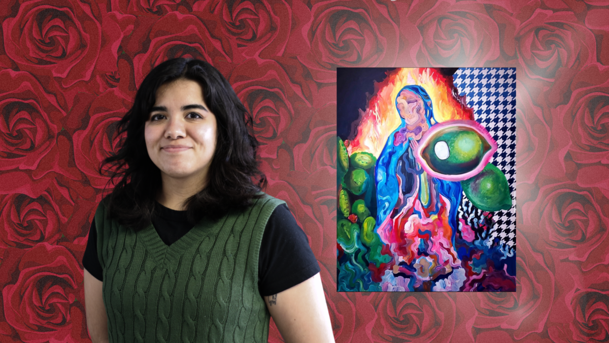 Senior studio art major Alejandra Ruiz and her art piece depicting Our Lady of Guadalupe from her collection “Tonantzin.” This is one of many paintings where Ruiz depicts religious figures. (Graphic created in Canva and photo taken by Rodrigo Martinez)