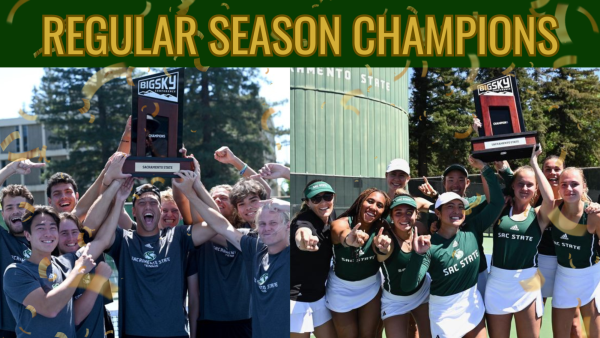 Sacramento State men’s tennis team won a share of the Big Sky Conference regular season after defeating Eastern Washington on April 14 and the women’s tennis team won their share of the Big Sky Conference regular season after ousting Portland State on April 20. This was the first time either team has won a share of the regular season title in over a decade. (Photos courtesy of Sacramento State Athletics, graphic created in Canva by Jahson Nahal)