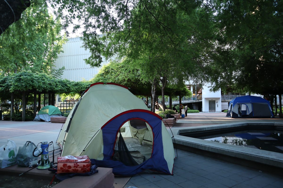 A+tent+being+assembled+in+the+middle+of+the+Sacramento+State%E2%80%99s+Library+Quad+Monday%2C+April+29%2C+2024.+Protestors+were+set+up+with+necessities%2C+music+and+books+to+keep+them+occupied.