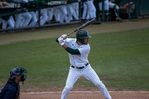 Senior third baseman Jorge Bojorquez getting ready to swing against California Baptist University on Friday, April 5, 2024. Bojorquez holds the school record for the most runs by a player in Sacramento State with 143 runs. 