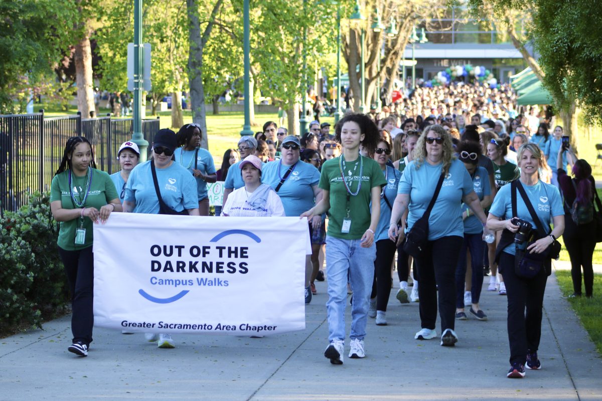 Students, administration, faculty and members of the campus community came together to participate in Sacramento State’s 13th annual Out of Darkness walk at The WELL Thursday, April 11, 2024. The Out of Darkness Walk Campus Walks Greater Sacramento Area chapter and Pacific Clinic members led participants around campus.