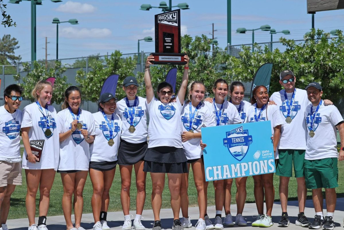 The Sacramento State women’s tennis team celebrating with the Big Sky Conference Tournament championship trophy after defeating Weber State 4-2 Saturday, April 27, 2024. The Hornets now have 12 Big Sky Tournament titles.