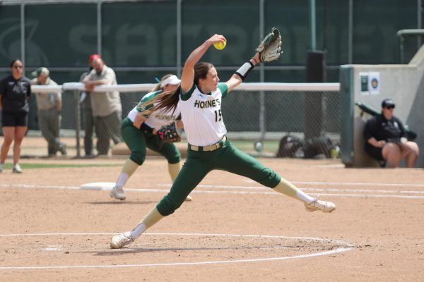Senior pitcher Marissa Bertuccio pitching against Portland State at home Friday, April 12, 2024. Bertuccio currently has the lowest ERA in the Big Sky Conference and holds second place in strikeouts and wins.
