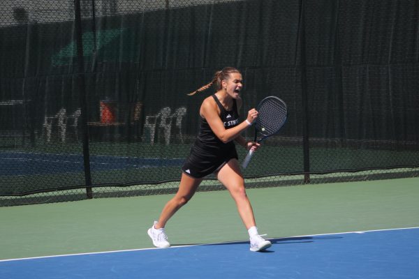 Sacramento State’s women’s tennis freshman Irene Riva celebrates a point in her doubles match against the UC San Diego Tritons on Thursday, March 28, 2024. The Hornets defeated the Tritons 4-0 in their match-up winning the doubles and the singles.