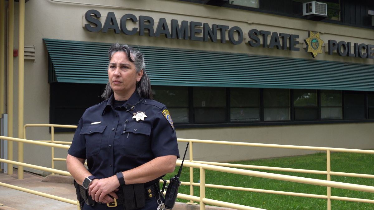 Sacramento State’s Police Department Deputy Chief Christina Lofthouse stands outside of the campus police department Wednesday, April 24. Lofthouse held a press conference regarding the assault and robbery of a male student on campus.