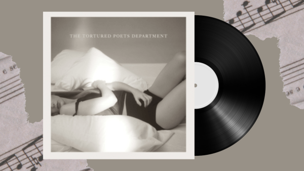 Taylor Swift released her anticipated eleventh studio album “The Tortured Poets Department” Friday, April 19, 2023. Four physical editions of the album will be released and each one will have an additional song. (Photo courtesy of Republic Records, graphic created in Canva by Karina Torres)