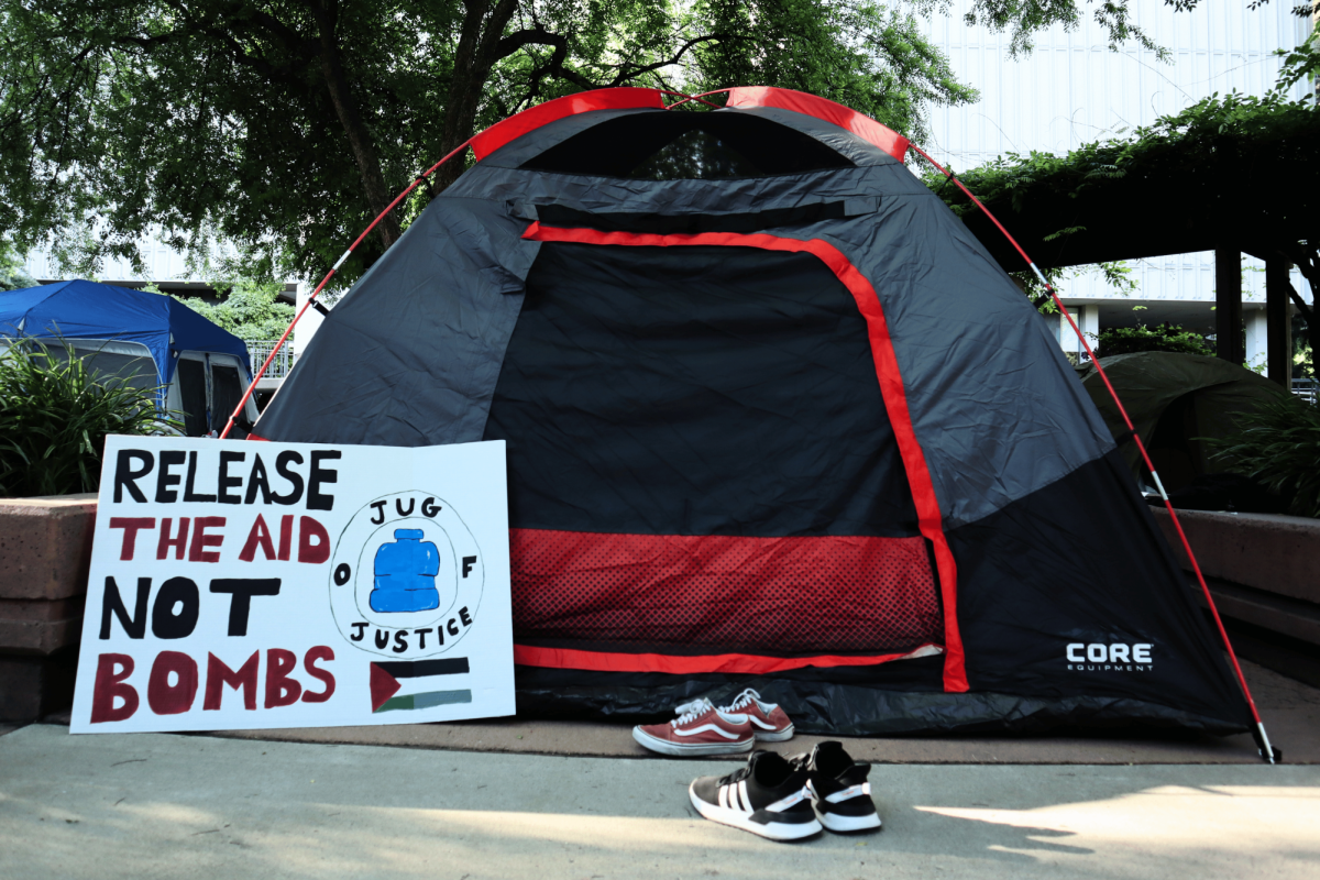 Students built tents, refreshment stations and set up first-aid bases at the pro-Palestine encampment in the Library Quad Monday, April 29, 2024. Sac State is now one of over 70 campuses with an encampment protest.