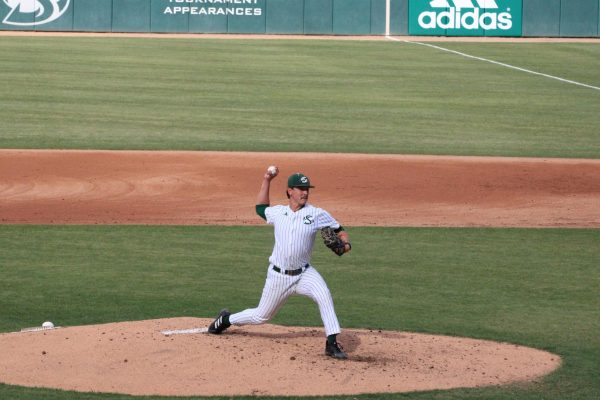 Redshirt senior Evan Gibbons releasing a fastball at John Smith Field against Tarleton Friday, April 26, 2024. Gibbons is the only pitcher this season to pitch in a complete game. 