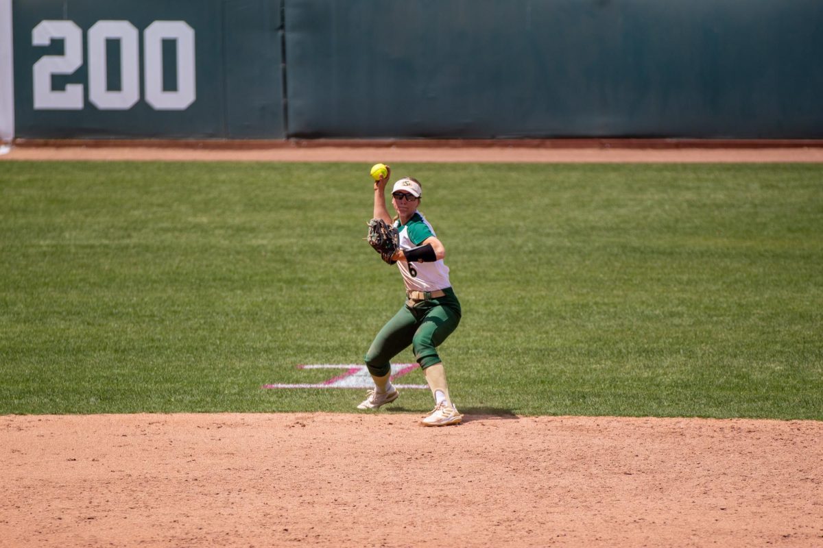 Junior shortstop Gwen Ludwig fielding the ball against Montana at Shea Stadium Friday, April 26, 2024. Ludwig led the Hornets offensively in their first tournament game with four hits and three runs.