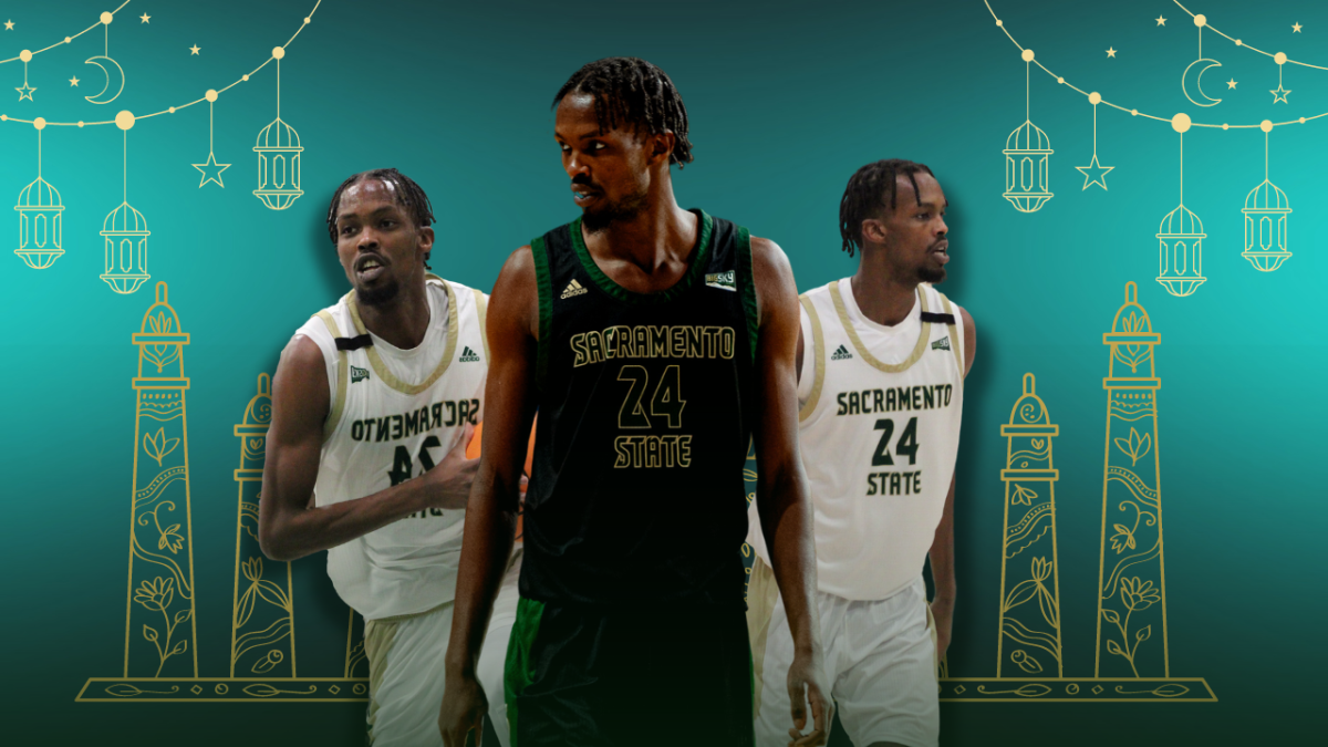 Junior guard Zee Hamoda in the Big Sky Tournament semifinals Tuesday, March 12, 2024. Hamoda played in the tournament while he fasted for Ramadan. (Photos courtesy of Big Sky Conference and Malachi Parker, graphic created in Canva by Jahson Nahal)