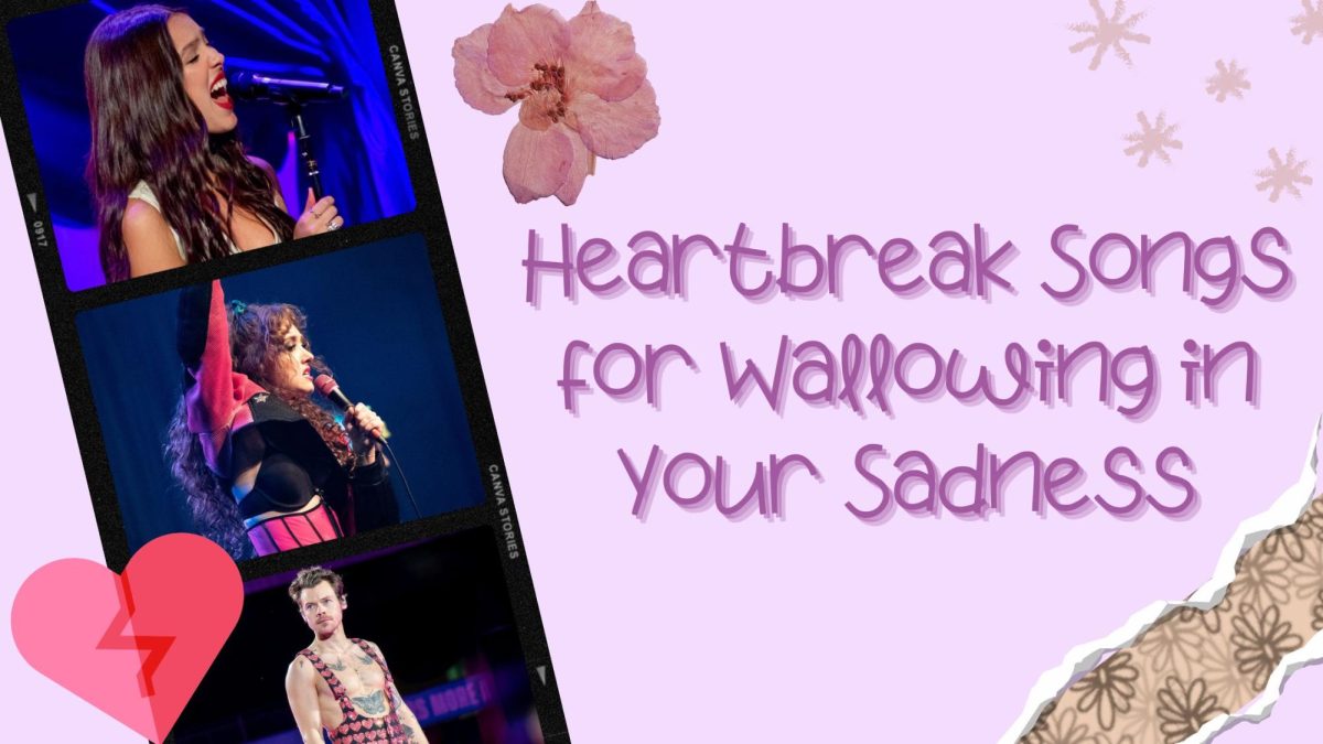 Scrapbook style page including images of Olivia Rodrigo, Chappel Roan and Harry Styles. Listen to these songs to wallow in your heartbreak.
(Photos courtesy of Justin Higuchi via Flickr, Jason Martin via Flickr and Raph_PH via Flickr, graphic created in Canva by Rosienelly Salguero)