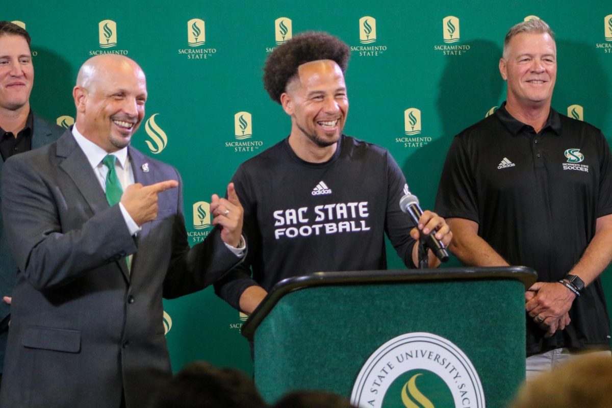 (L-R) Sacramento State Athletic Director Mark Orr and President Luke Wood announce the new multi-use stadium in a press conference Thursday, Sept. 26, 2024. The stadium’s timeline is yet to be announced, but it’s set to hold a minimum of 25,000 attendees and include multiple other upgrades.