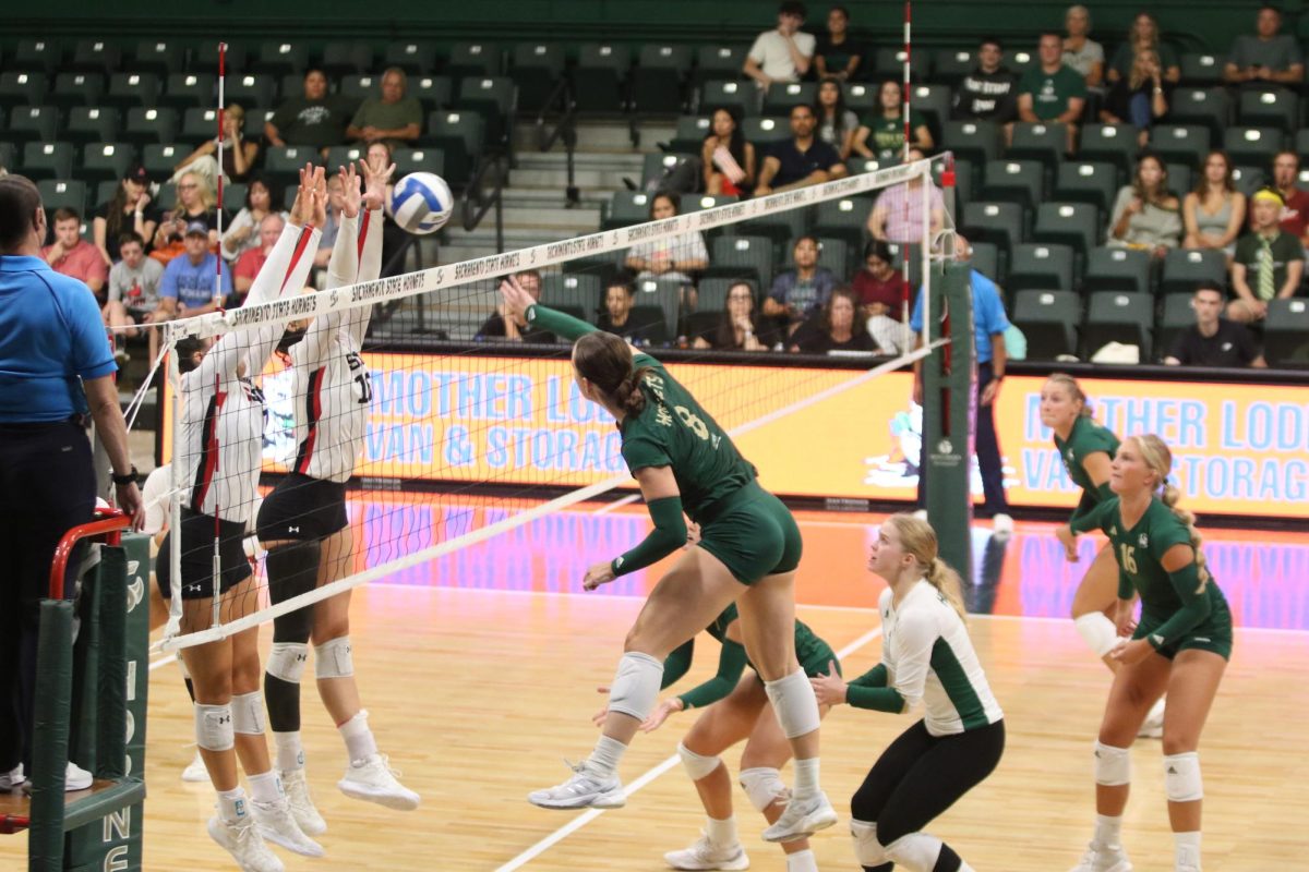 Senior outside hitter Bridgette Smith going up for the kill against Northridge on Thursday, Sept. 5, 2024. Sac State won the match 3-0. 