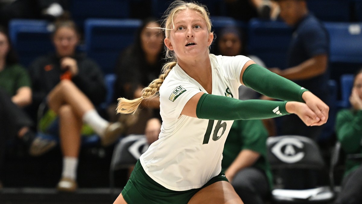 Senior setter Hailey Plugge defends Sac State’s side of the court against UC Davis Tuesday, Sept. 10, 2024. The Hornets lost 1-3 as the Aggies dominated most of the match. 
