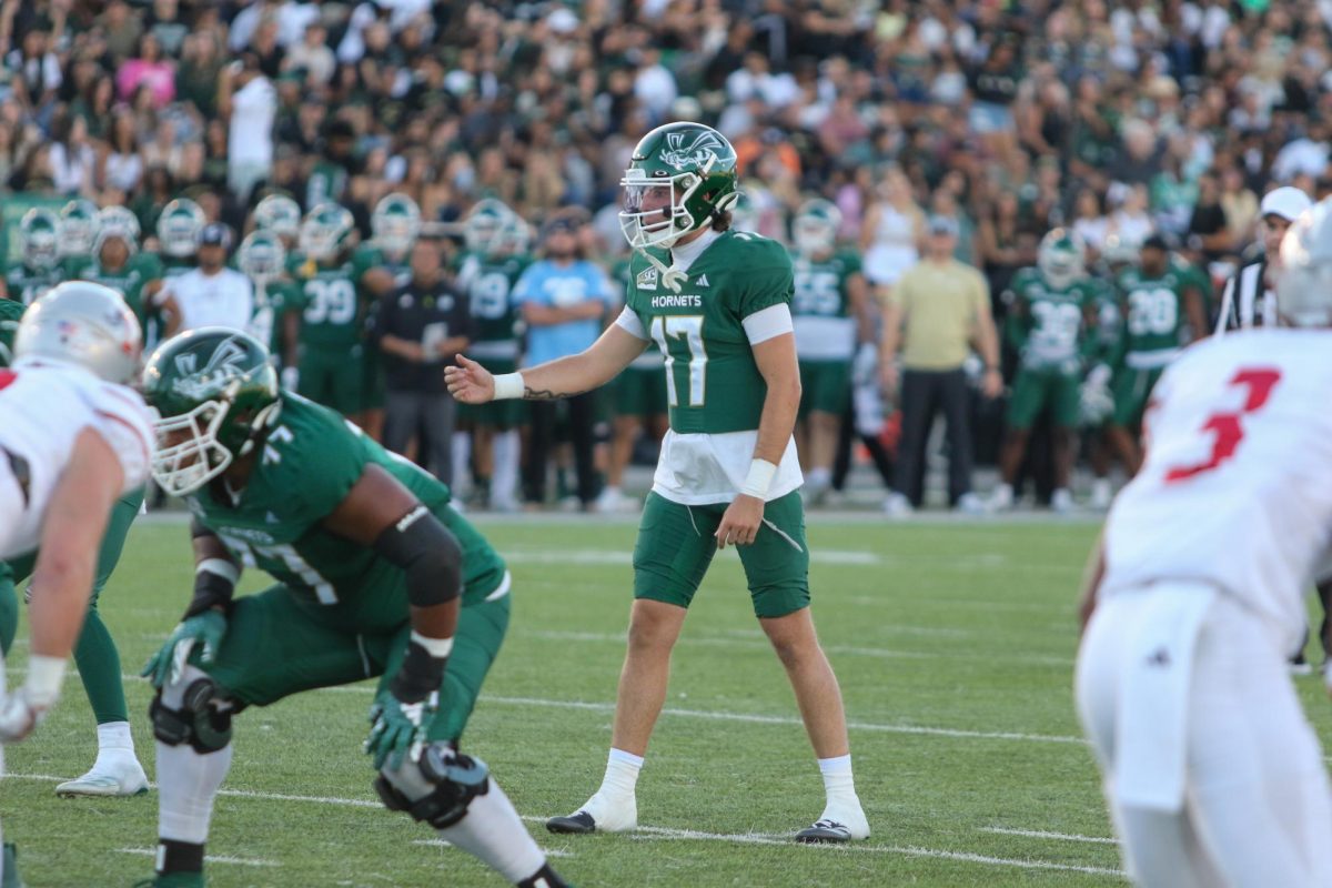 Redshirt freshman quarterback Carson Conklin leading the Hornets in their first home game of the year Saturday, Sept. 14, 2024. Conklin went on to lead the Hornets to a 34-7 win against Nicholls.