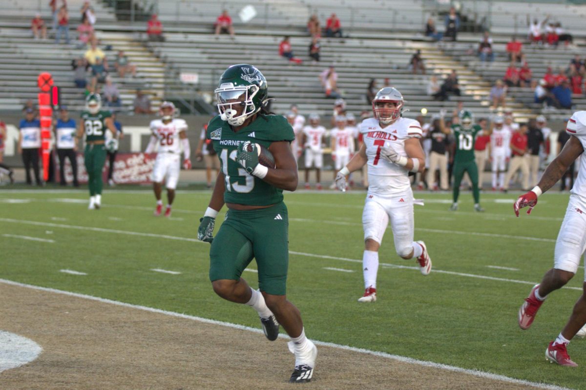 Sophomore running back Zeke Burnett running into the endzone Saturday, Sept. 14, 2024. The Hornets rushed for 144 yards against Nicholls.