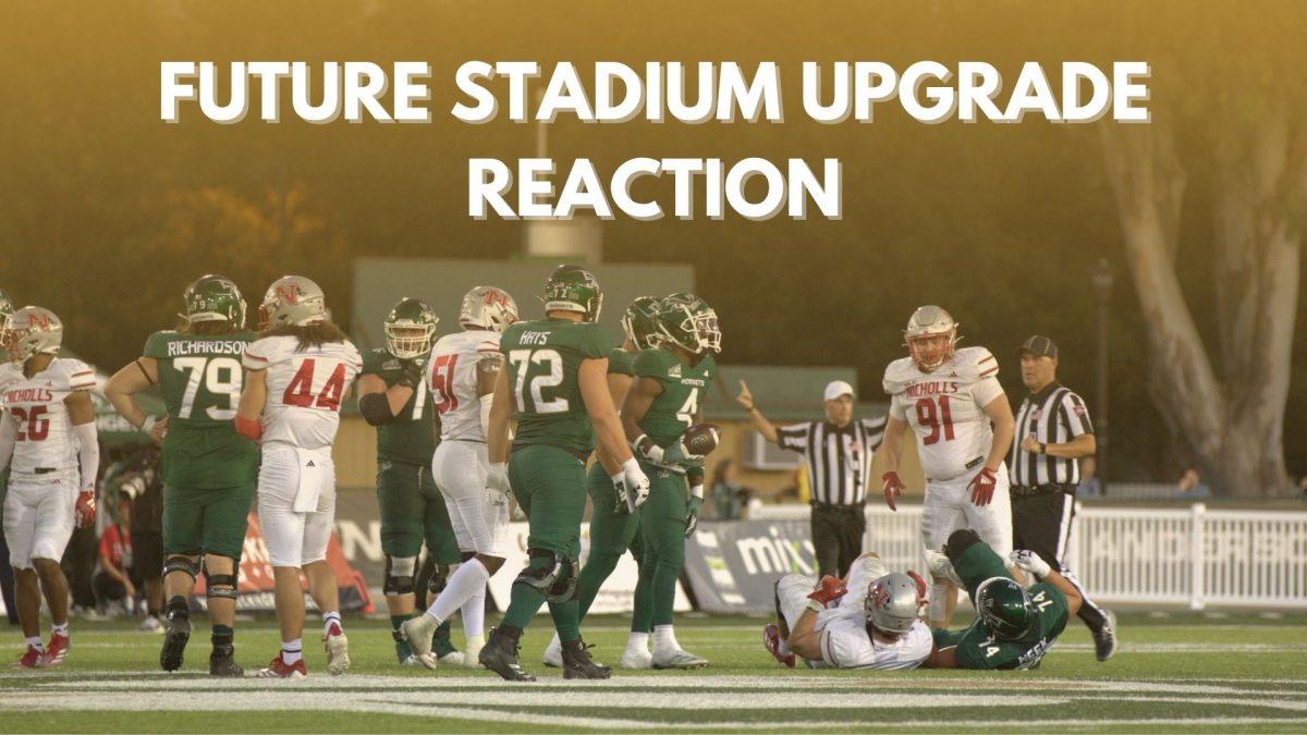 Sacramento State football team after a rush against Nicholls Saturday, Sept. 14, 2024. Hornet football will be one of many Sac State athletics programs to benefit from an increase in the intercollegiate athletics fee. (Graphic made in Canva by Evan Patocka)