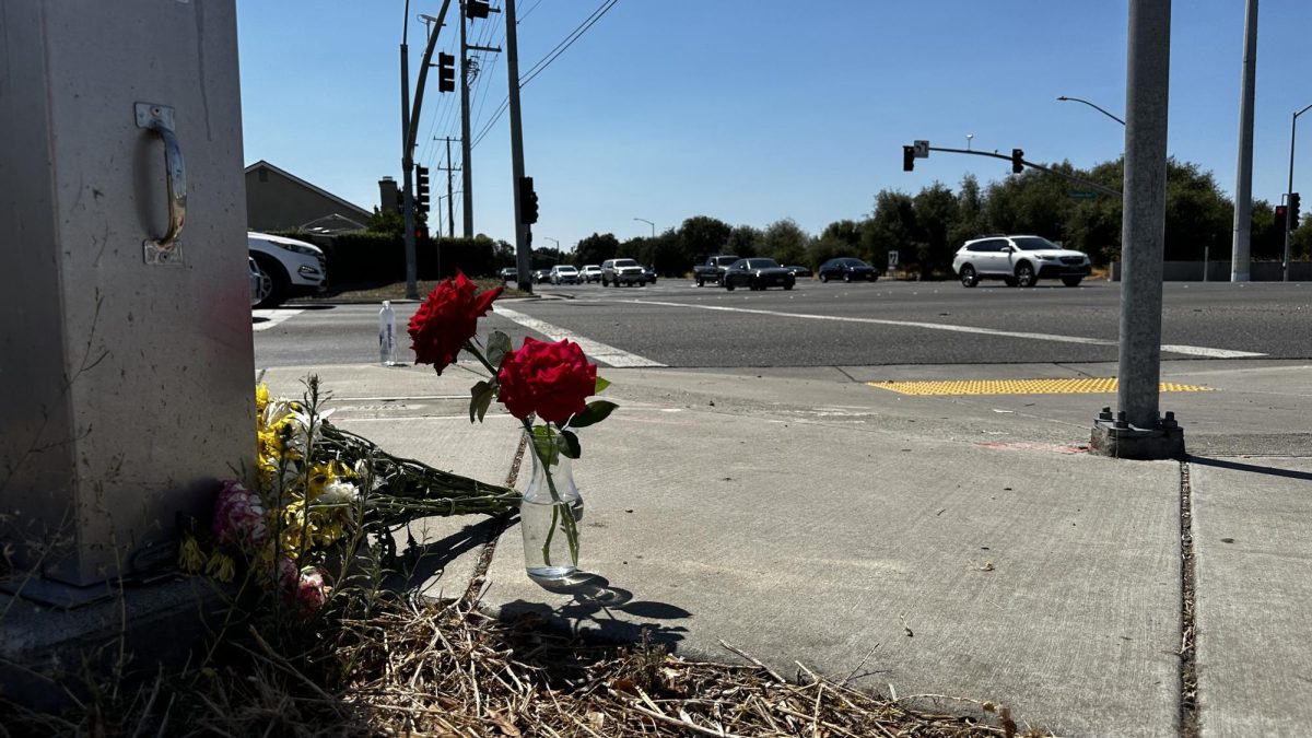 Flores en señal de memoria para Kaylee Xiong en la intersección de Cosumnes River Boulevard y Franklin Boulevard el 6 de septiembre, 2024. Xiong acababa de comenzar  su primer semestre en Sac State. 