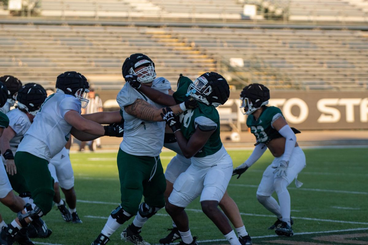 Sac State Hornet football’s offensive and defensive lineman practicing Aug. 8, 2024. The Hornets are looking to get their first win at their home opener.