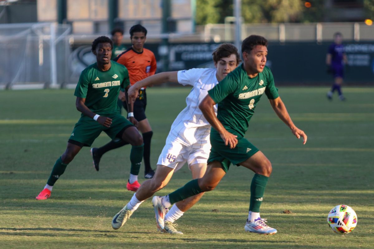 Sac State senior midfielder Axel Ramirez shifting away from his defender against UC Riverside Saturday, Oct. 5, 2024. Ramirez had an assist to give the Hornets an early lead.