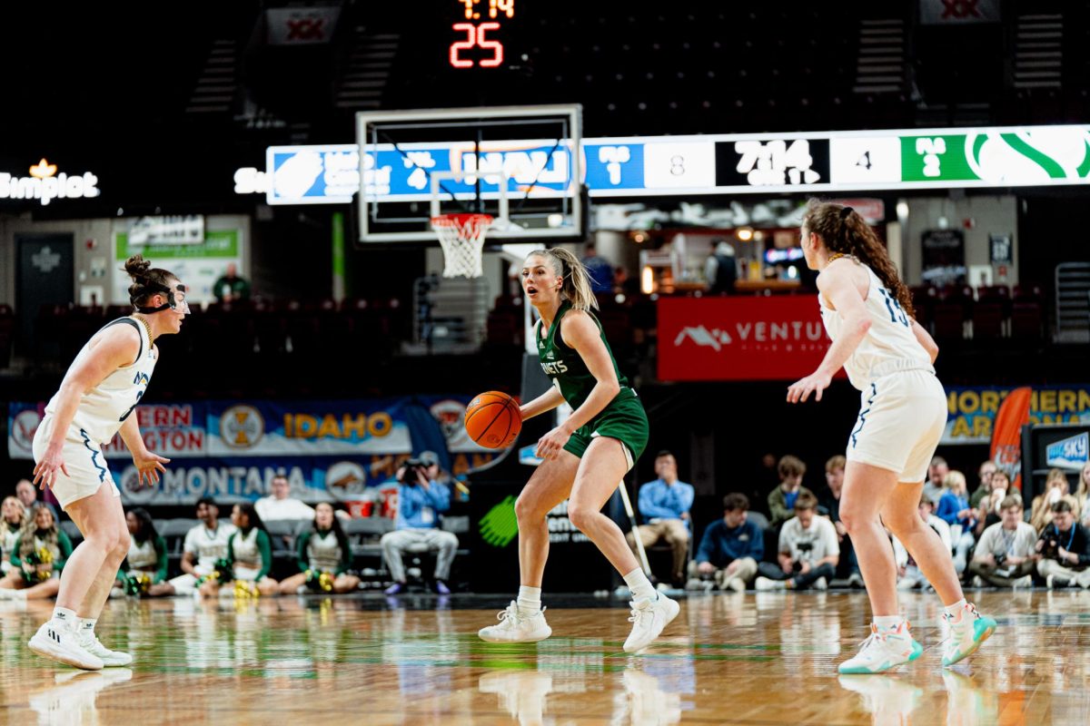 Redshirt junior guard Benthe Versteeg looking for a lane against the No. 2 Northern Arizona University Lumberjacks in the Big Sky Conference tournament Sunday, March 10, 2024. Versteeg won multiple Big Sky honors for her 2023-24 campaign with averages of 11.6 points, 6.7 assists and 1.9 steals per game. 