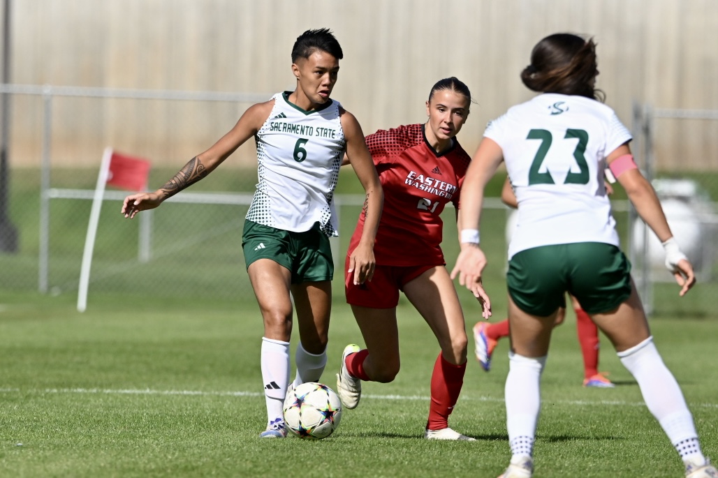 Sac State sophomore forward Teysha-Ray Spinney-Kuahuia looks for a teammate to pass to at Eastern Washington Sunday, Sept. 29, 2024. The Hornets lost 0-3 to Eastern Washington. 