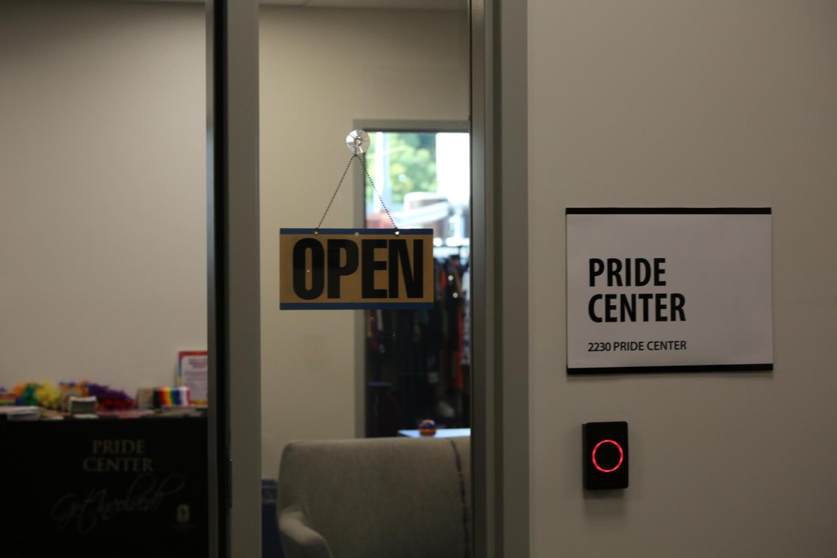 The Pride Center’s sign at its new location Thursday, Sept. 26, 2024, in the University Union. The Pride Center is open from Monday to Friday, from 8 a.m. to 5 p.m. and is located on the second floor of the University Union.