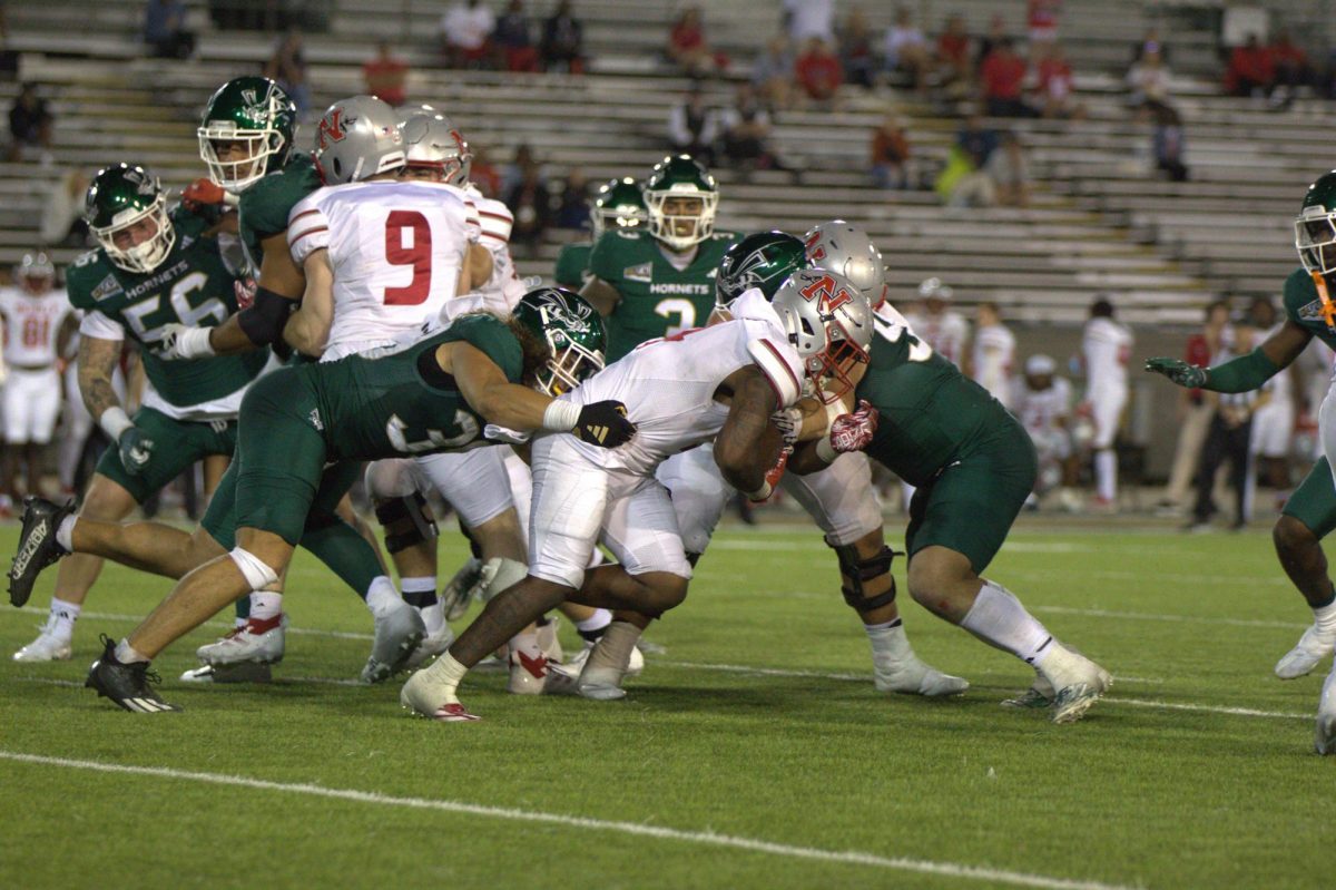 Sacramento State’s defense wrapping up a tackle in their home opener against Nicholls Saturday, Sept. 14, 2024. The Hornets play their second home game of the season Saturday, Oct. 12, 2024 against Eastern Washington.