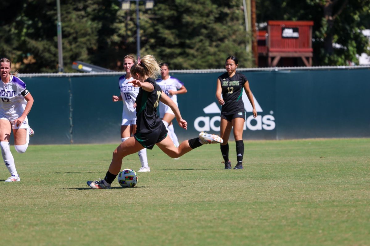 Sac State sophomore midfielder Ellie Farber winds up to kick leading to a goal against Weber State Sunday Oct. 6, 2024. The Hornets are heading to the Big Sky Tournament after earning their first road win of the season. 