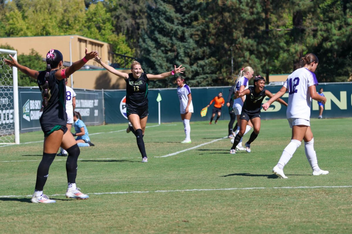 Senior midfielder Abigail Lopez, redshirt senior defender Sydney Sharts and sophomore forward Teysha-Ray Spinney-Kuahuia celebrate after a goal against Weber State Sunday, Oct. 6, 2024. Sac State has outscored their opponents at home 12-3.