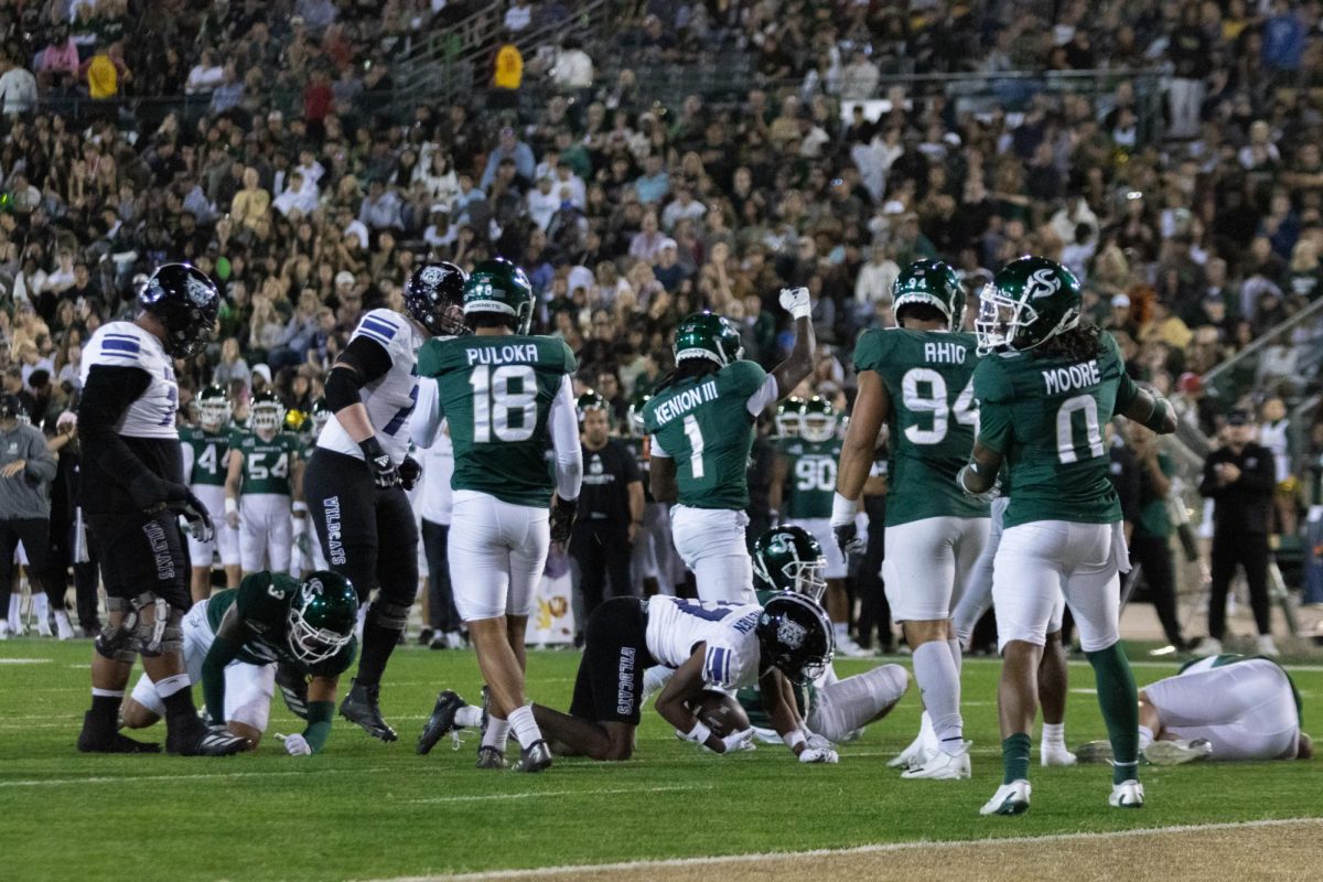 Sac State’s defense makes a late-game defensive stand against Weber State Saturday, Oct. 19, 2024 at Hornet Stadium. The Hornets’ defense was on the field for 85 plays.