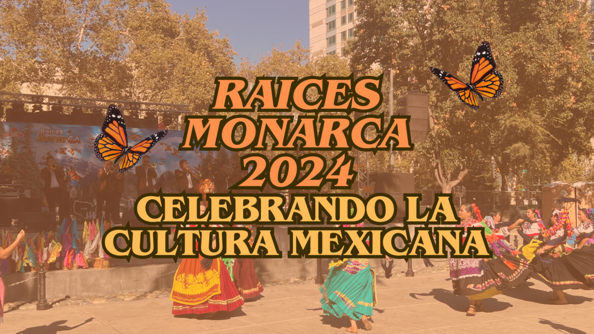 Bailarinas dan una actuación de un baile folklórico de Jalisco el 5 de Octubre de 2024. La Banda Purembe tocaba música mexicana tradicional en el escenario atrás. (creado en Canva por Maritza Ascencion)