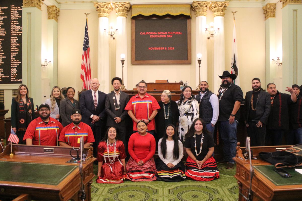 President Luke Wood alongside assemblymember James Ramos, Dr. Annette Reed, and other community members at the Native American College announcement ceremony Friday, Nov. 8. The announcement was held in the morning at the state Capitol.