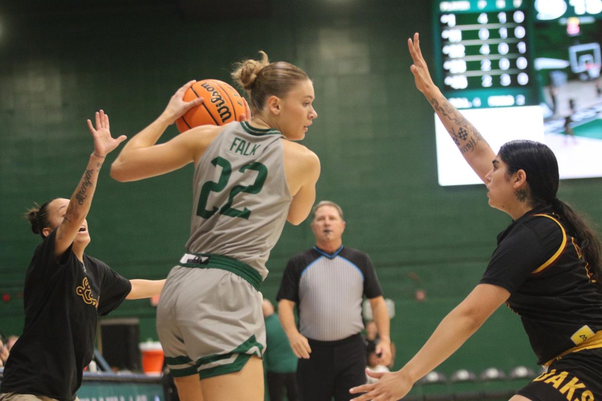 Sacramento State sophomore guard Lina Falk sizes up her opponent, the Lincoln Oaklanders Sunday, Nov. 10, 2024. Falk scored a career-high 18 points in the win.